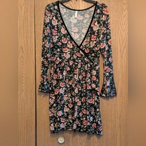 Floral Wrap Dress That Ties On The Side With Bell Sleeves And Black Velvet Trim